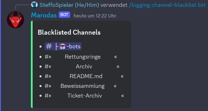 Example showing the response of the channel-blacklist list command