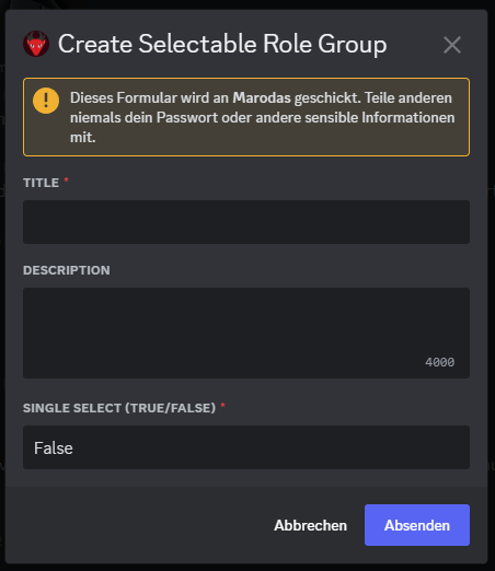 A screenshot out of discord, showing the create selectable roles group modal from Marodas.