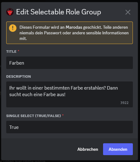 A screenshot out of discord, showing the edit selectable roles group modal from Marodas.