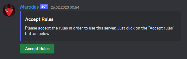 Ein Screenshot zeigt das Embed der &quot;Accept Rules&quot; Nachricht von Marodas.