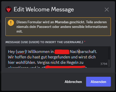 Ein Screenshot aus Discord, der das Modal &quot;Willkommensnachricht bearbeiten&quot; von Marodas zeigt.