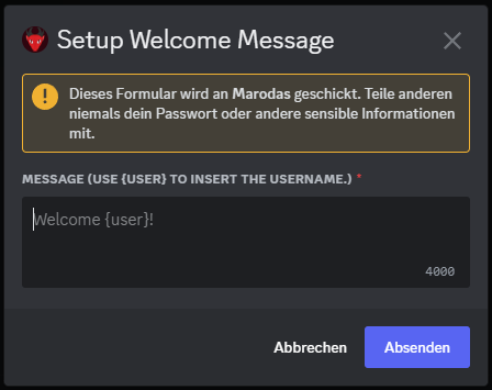 Ein Screenshot aus Discord, der das Modal für die Willkommensnachricht von Marodas zeigt.